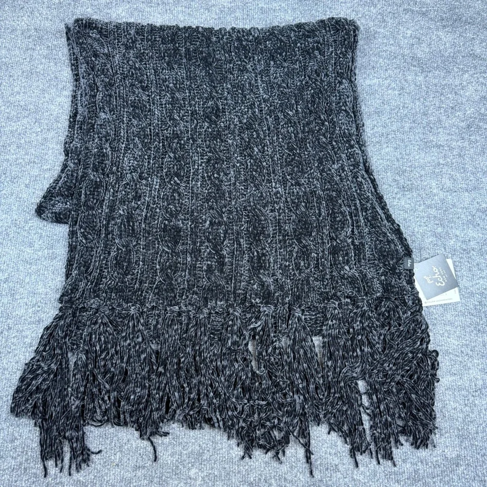 Echo New York Cable Knit Fringe Scarf Soft Cozy Plush Charcoal Black